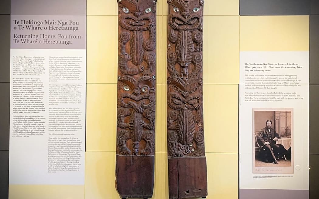 The pou on display at the South Australian Museum.