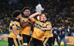 Cam Roigard celebrates a try with teammates during the Hurricanes’ Super Rugby Pacific semifinal against the Blues at Hnry Stadium, Wellington, 13 June 2026.                                                                     
Copyright photo: Masanori Udagawa /  www.photosport.