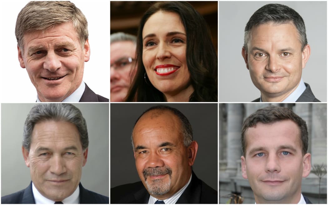 Bill English, Jacinda Ardern, James Shaw, Winston Peters, Te Ururoa Flavell and David Seymour