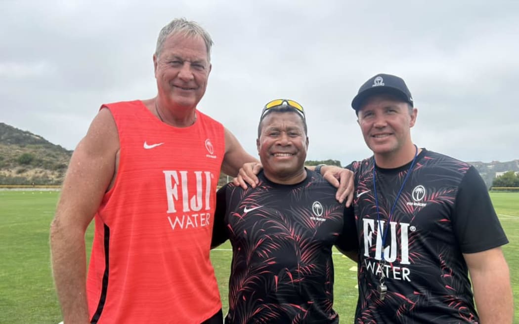 Waisale Serevi (centre) with Flying Fijians head coach Mick Byrne (left) and Aaron Mauger (right) in San Diego. Photo: Waisale Serevi
