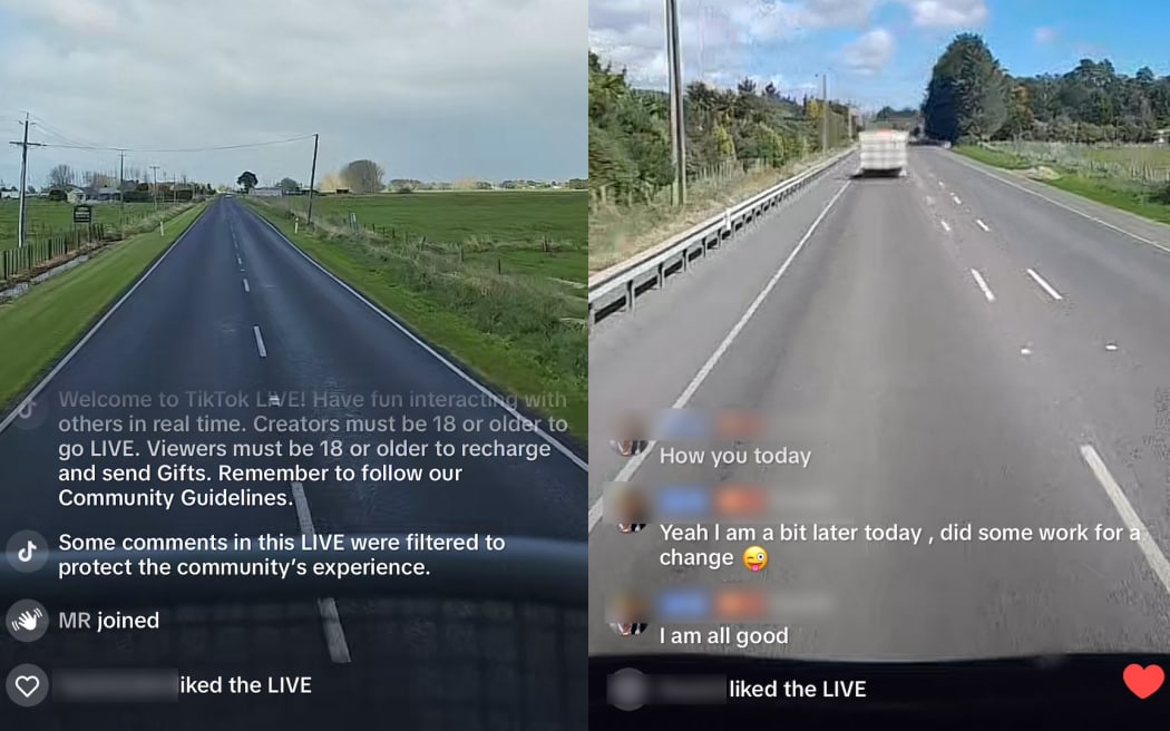 A view of the road, with text from a livestream viewer in front.