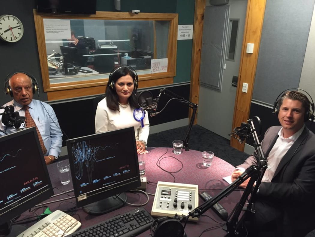 Leader of the New Zealand People's Party, Roshan Nauhria; list MP for National, Parmjeet Parmar; and Labour Party candidate, Michael Wood.