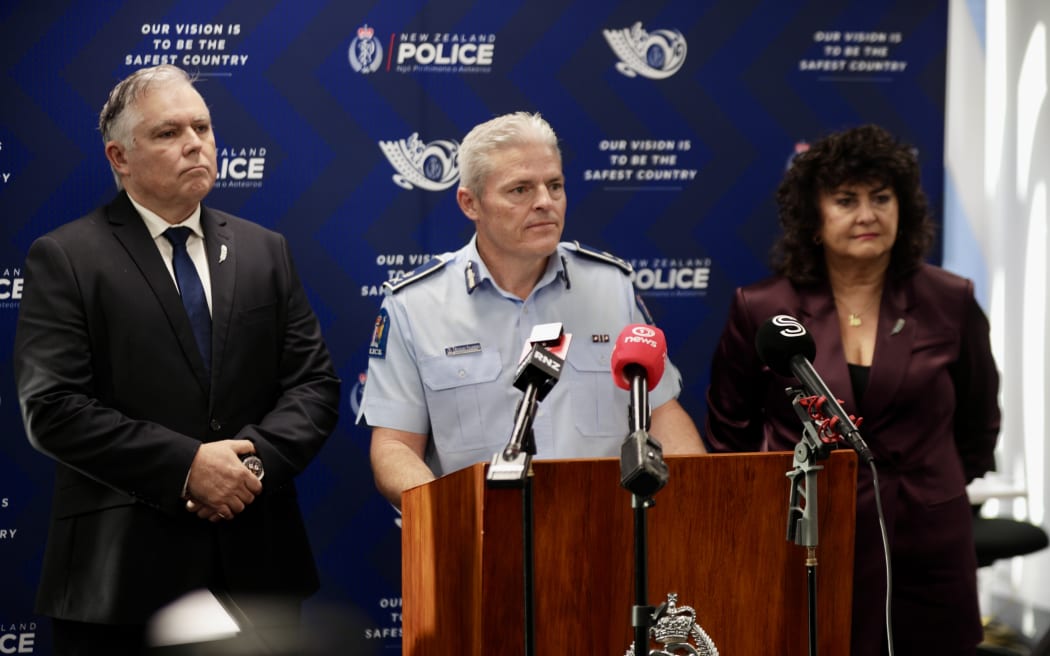 Police Minister Mark Mitchell, Police Commissioner Richard Chambers and Associate Police Minister Casey Costello at the opening of the new police college campus in Auckland.