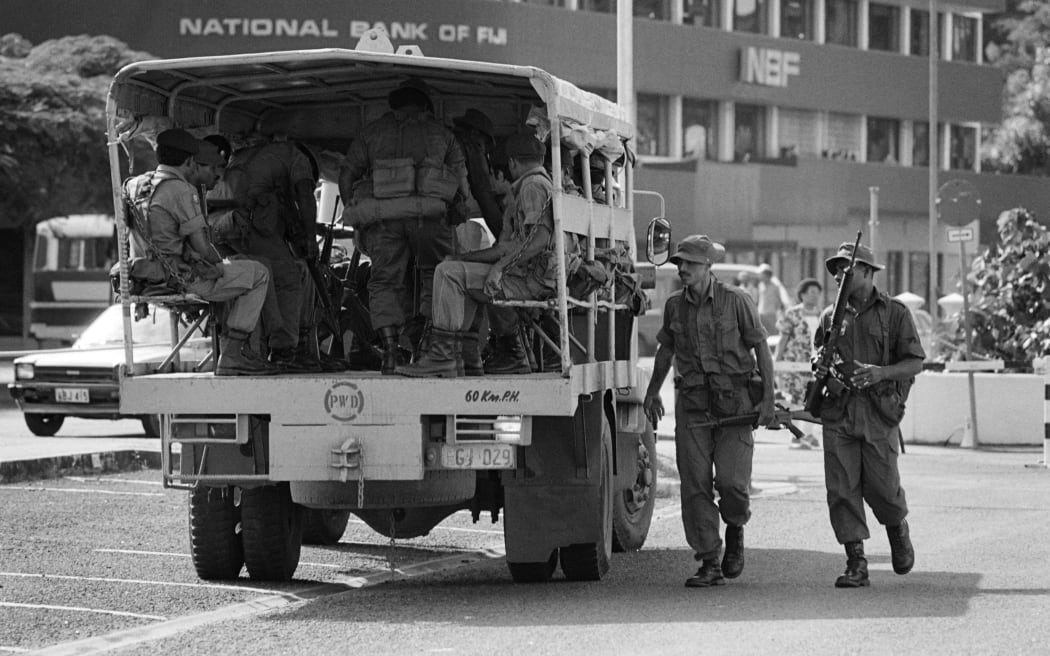 Fiji soldiers patrol the streets of Suva after the 1987 coup.