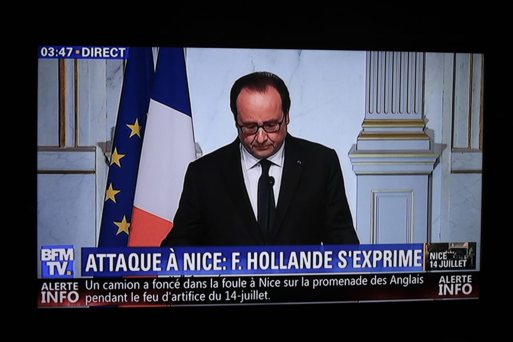 A still image from a BFM TV telecast shows French President Francois Hollande speaking about the attack in Nice on July 14, 2016 in Elysee, Paris.