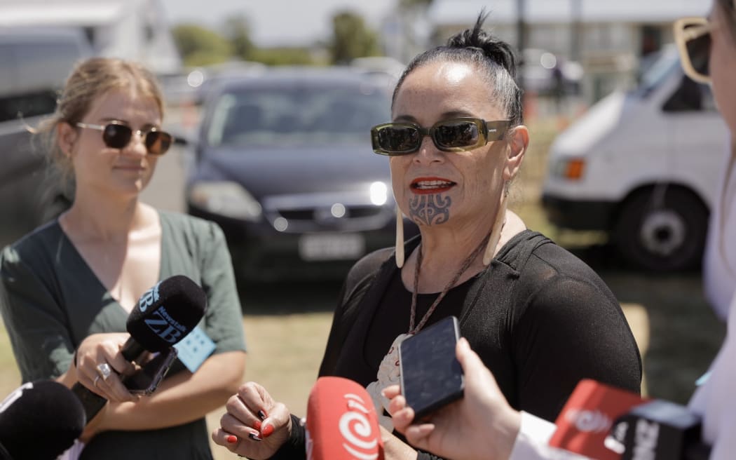 Te Pāti Māori co-leader Debbie Ngarewa-Packer speaking to media at Rātana on 24 January, 2025.