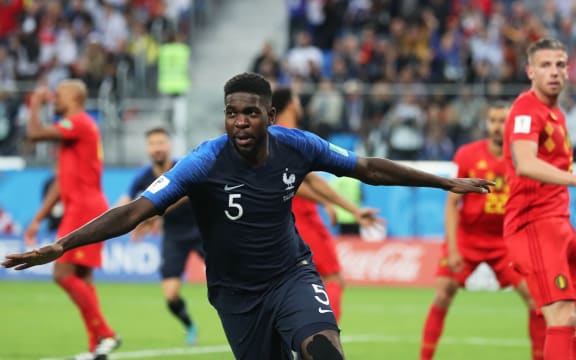 France's Samuel Umtiti after scoring the winning goal against Belgium at Saint Petersburg Stadium.