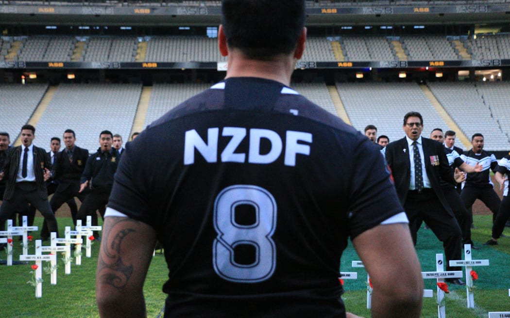 Buck Shelford performs a haka as part of 100-year commemorations of the Battle of Broodseinde.