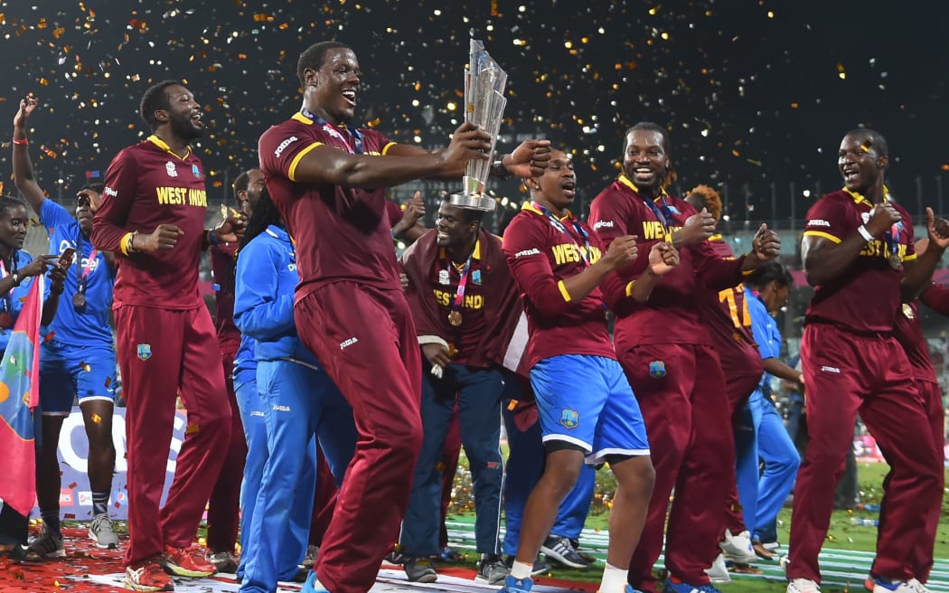 West Indies players celebrates after winning against India. ICC T20 World Cup 2016.