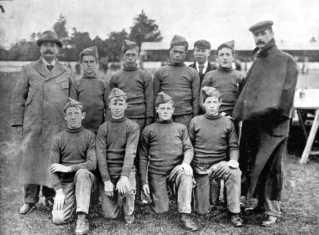 Youths in uniform at the Burnham Industrial School near Christchurch in 1901.
