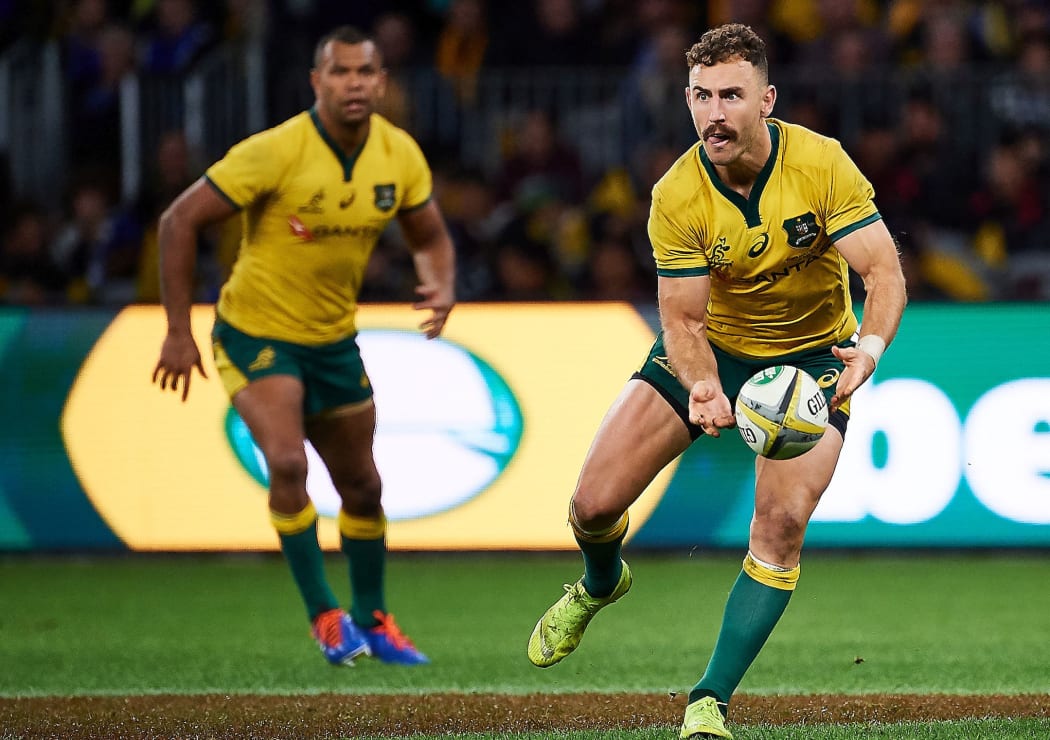 PERTH, AUSTRALIA - AUGUST 10: Nic White of the Qantas Wallabies passes the ball during the 2019 Bledisloe Cup test match between the New Zealand All Blacks and the Qantas Wallabies at Optus Stadium, August 10 2019 in Perth,