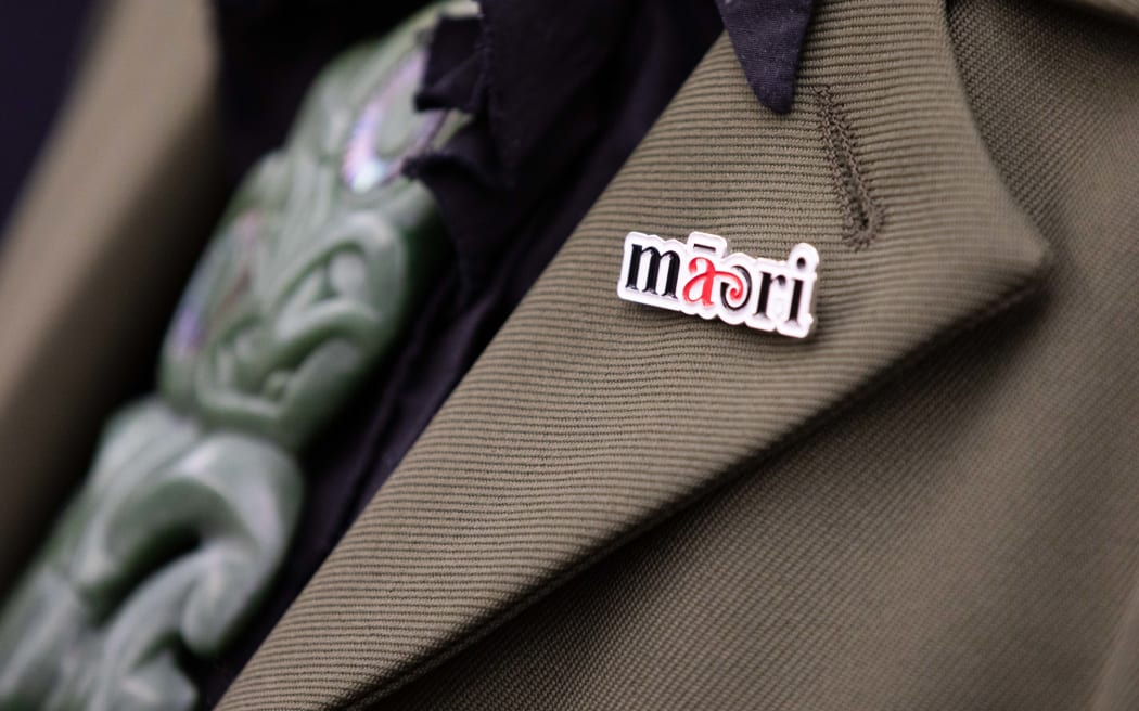 A Maori pin worn by Te Pāti Māori co-leader Debbie Ngarewa-Packer