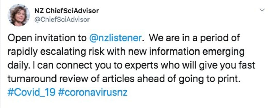 A tweet to The Listener from the prime minister's chief science advisor Juliet Gerrard