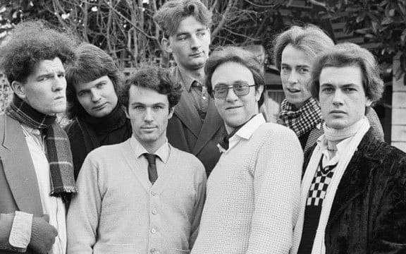 SPLIT ENZ in 1975. In front, Tim Finn, left, Mike Chunn, Wally Wilkinson, and Phil Judd. Back row: Emlyn Crowther, left, Noel Crombie, and Eddie Rayner.
