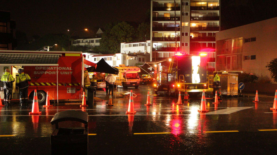 Emergency services on the scene after the slip hit the San Remo apartments at 11 Kohimarama Road, Auckland.