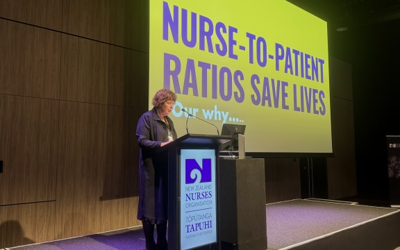 New Zealand Nurses Organisation president Anne Daniels speaking at the conference this morning. (Credit: RNZ / Pretoria Gordon)