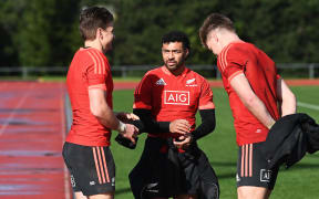 Beauden Barrett, Richie Mo'unga and Jordie Barrett during an All Blacks training session in Auckland on 29 June, ahead of the test match against Tonga.