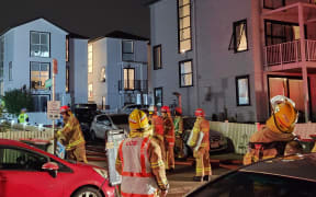 Nearly 50 firefighters are tackling a fire burning through a three-storey apartment block in West Auckland.