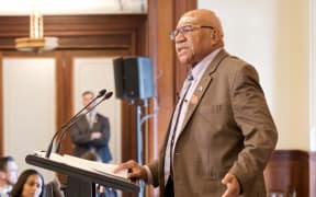 Sitiveni Rabuka, left, at the Lowy Institute event in Canberra.
