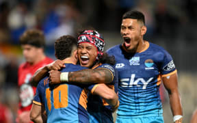 Patrick Pellegrini of Moana Pasifika celebrates his try with Danny Toala (head gear) and Solomon Alaimalo of Moana Pasifika during the Super Rugby Pacific - Crusaders v Moana Pasifika at Apollo Projects Stadium, Christchurch, New Zealand, 29th March 2025. Copyright photo: John Davidson / www.photosport.nz