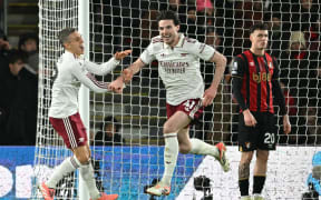 Declan Rice celebrates a goal for Arsenal.