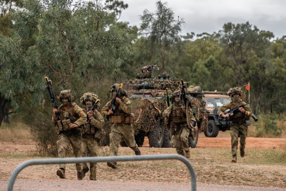 NZ Light Armoured Vehicles and infantry clearing a route during Exercise Talisman Sabre in Bowen, Australia, on July, 2023.