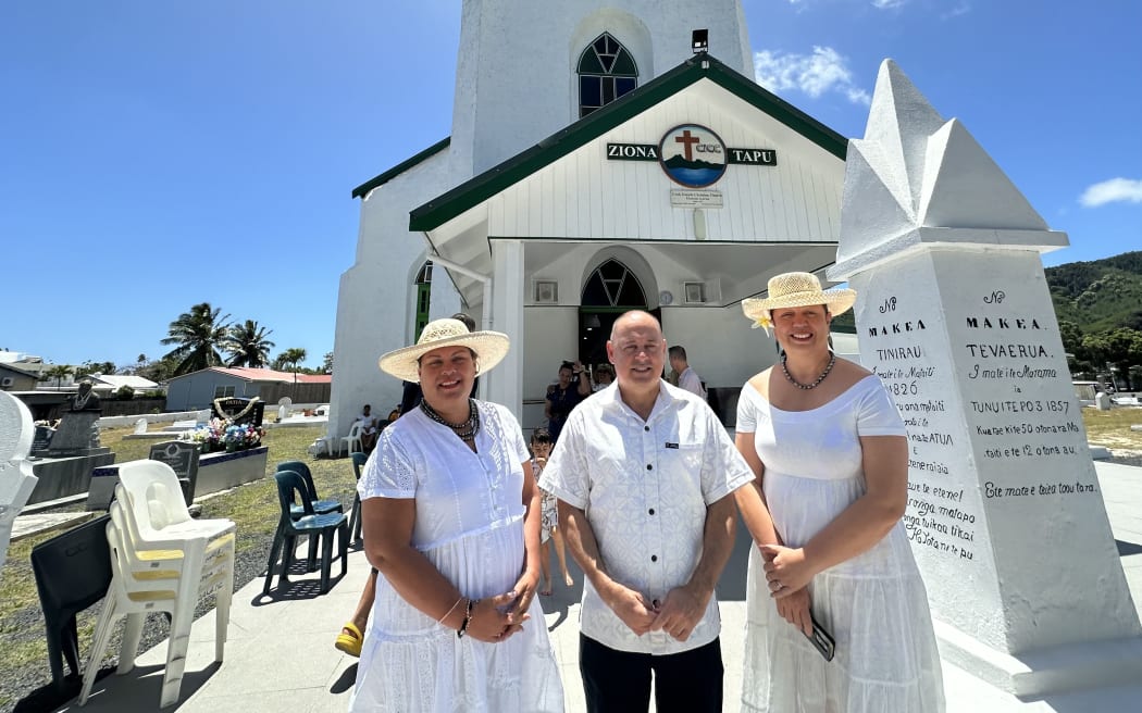 Mark Brown, middle, with family members outside the Avarua Cook Island's Christian Church in Rarotonga. 5 November 2023.