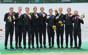 Women's eight silver medallists; Ella Greenslade (bow), Emma Dyke, Lucy Spoors, Kelsey Bevan, Grace Prendergast, Kerri Gowler, Beth Ross, Jackie Gowler (stroke) and Caleb Shepherd (cox) Tokyo 2020 Olympic Games Rowing in Tokyo, Japan on Friday 30th July 2021.