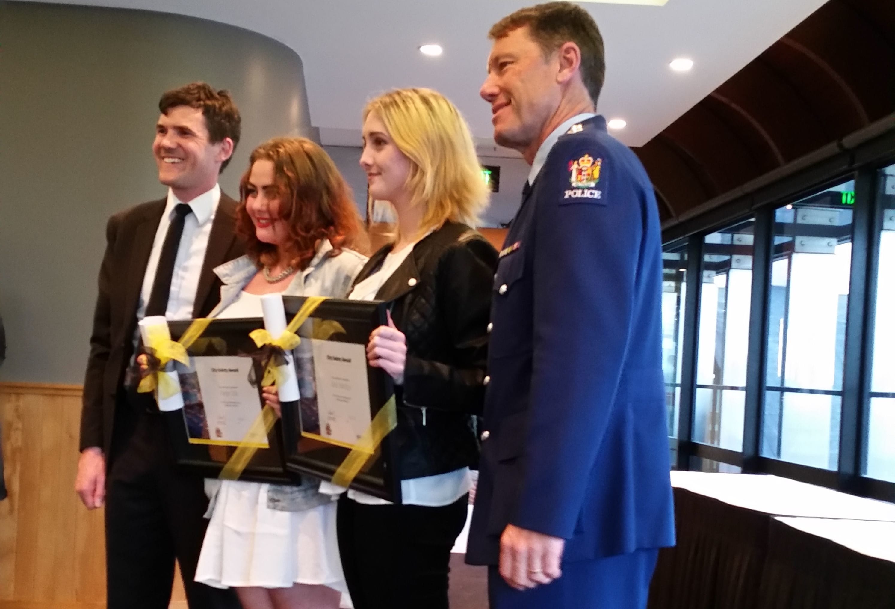 Left to right: Deputy Mayor Justin Lester, Payge Olds, Kelly McKay and Inspector Terry Van Dillen