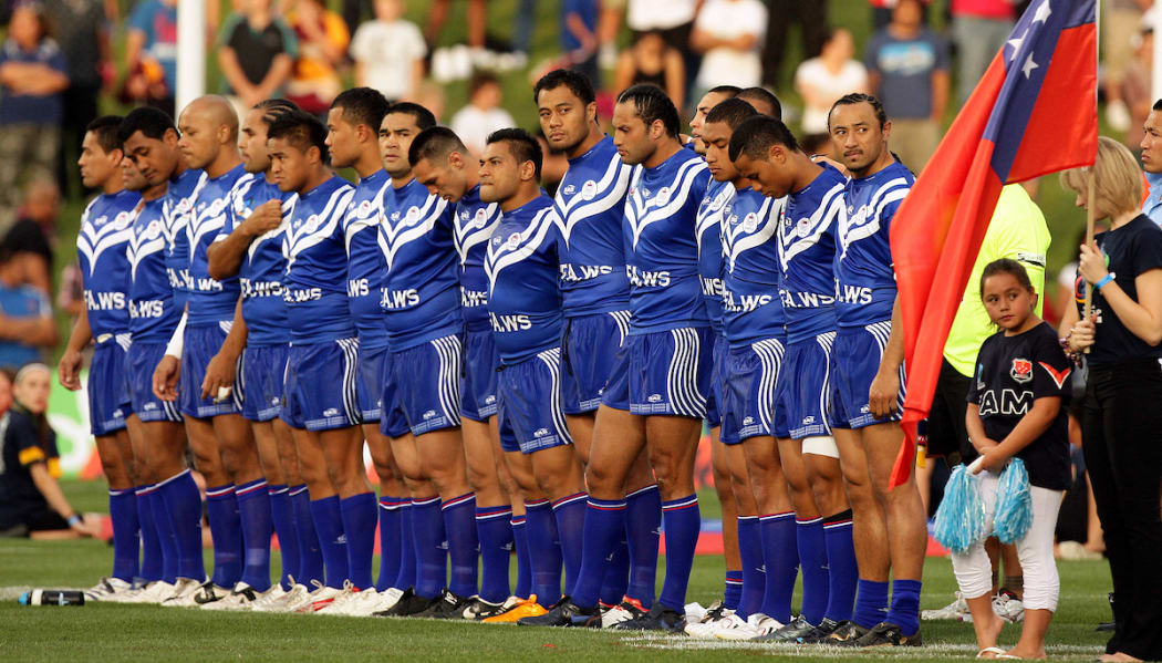 Samoa sing the national anthem in their first 2008 Rugby League World Cup match against Tonga.