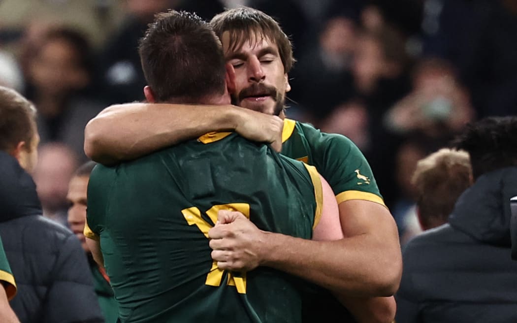 South Africa celebrates after winning the 2023 Rugby World Cup Final match between New Zealand and South Africa.