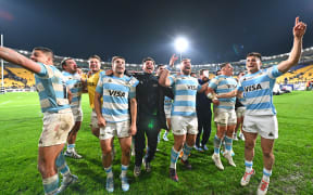 Argentina players celebrate their Rugby Championship win over the All Blacks at Sky Stadium in Wellington.