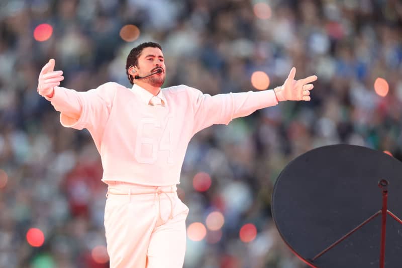 Bad Bunny performs onstage during the Apple Music Super Bowl LX Halftime Show at Levi's Stadium on February 08, 2026 in Santa Clara, California.