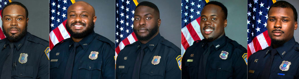 (COMBO) This combination of photos from the  Memphis Police Department in Tennessee created on January 26, 2023 shows, former Memphis, Tennessee, police officers (L-R) Demetrius Haley, Desmond Mills, Emmitt Martin, Tadarrius Bean, and Justin Smith. - US authorities on January 26, 2023 charged five officers with second-degree murder over the fatal beating of a Black man in the eastern state of Tennessee following a traffic stop. (Photo by Handout / Memphis Police Department / AFP) / RESTRICTED TO EDITORIAL USE - MANDATORY CREDIT "AFP PHOTO / Memphis Police Department" - NO MARKETING NO ADVERTISING CAMPAIGNS - DISTRIBUTED AS A SERVICE TO CLIENTS