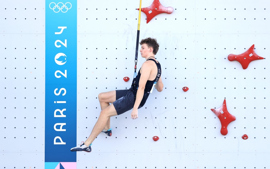 Julian David competes in the Speed Climbing Qualification Elimination Heats at Le Bourget Climbing Venue during the 2024 Paris Olympics.