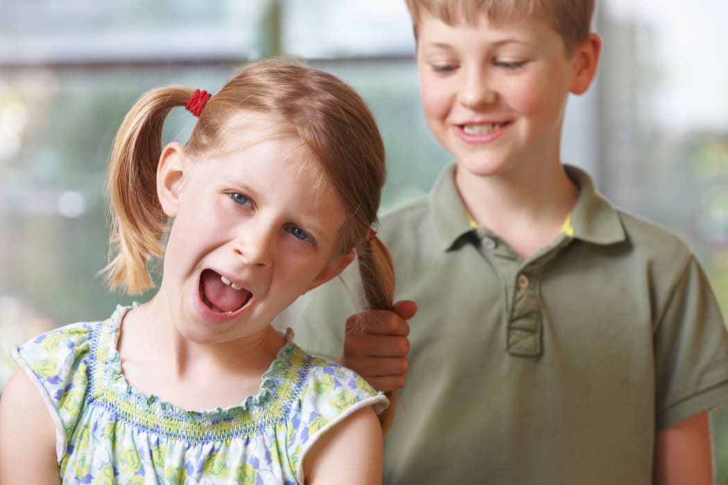 A photo of a boy pulling his sister's hair
