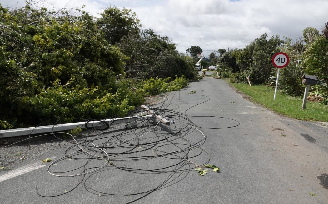 A downed power pole on Moir Street, Managawai.