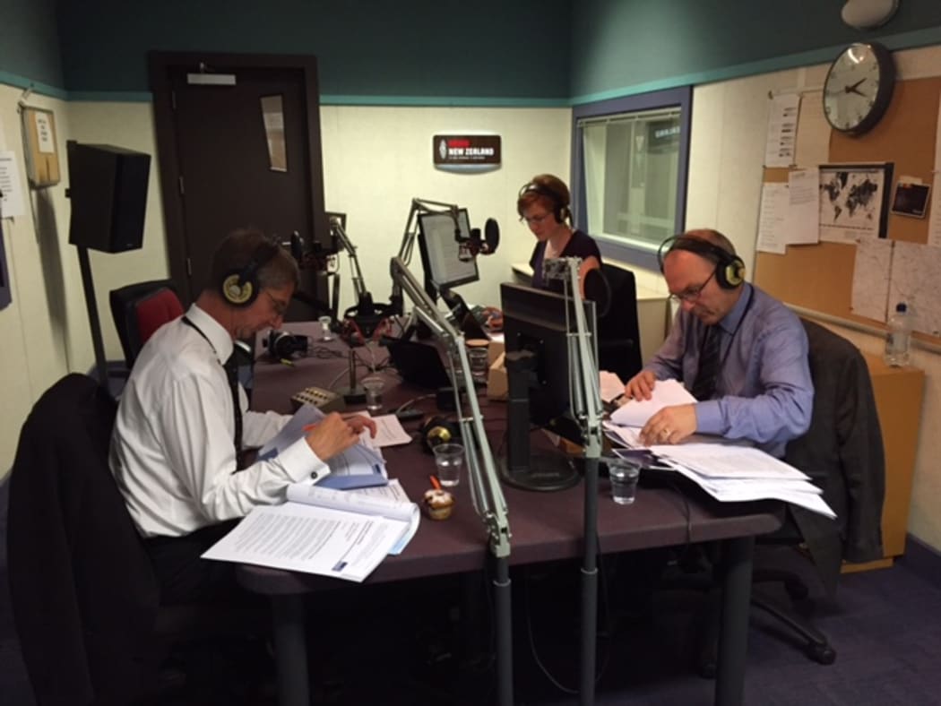 In studio: Radio New Zealand's education correspondent John Gerritsen, host Susie Ferguson and economics correspondent Patrick O'Meara
