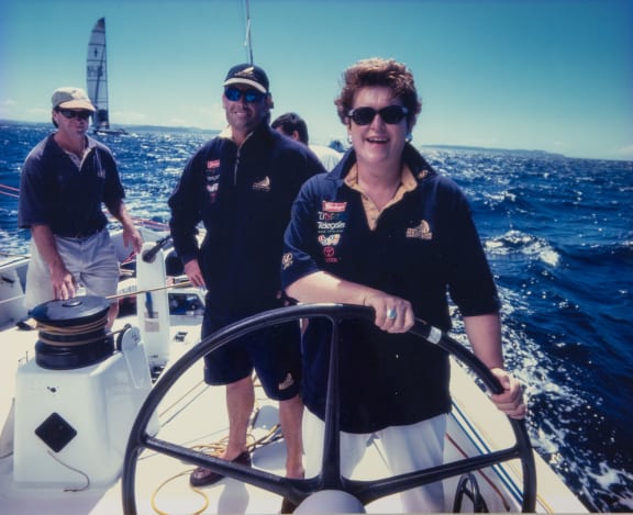 Jenny Shipley at the helm of Team NZ, with Russell Coutts, February 1994
