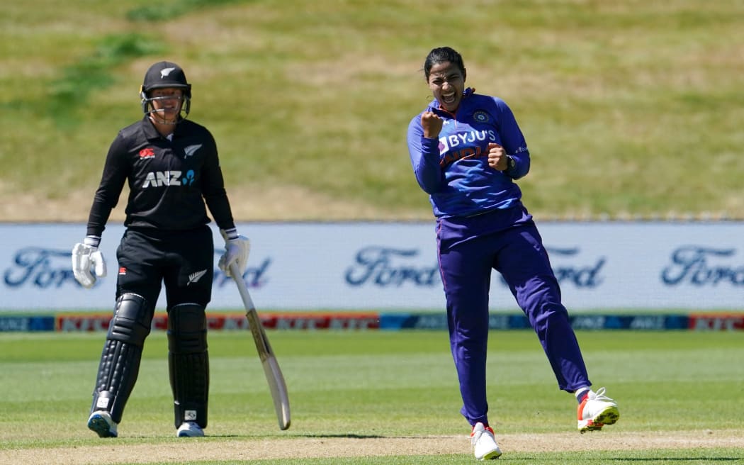 Sneh Rana celebrates the wicket of Lauren Downs