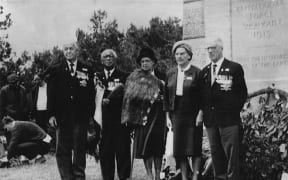 Pirimi Tahiwi and his wife Mairatea (second and third from left) photographed in 1965 with RSA officials at the New Zealand Memorial, Chunuk Bair, 50 years after the Gallipoli campaign.