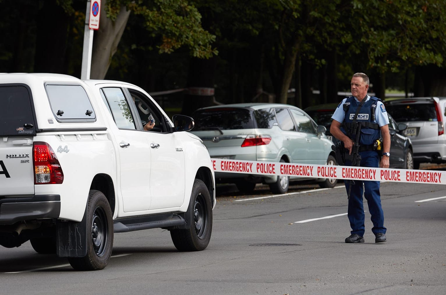 Police officers cordon off the area after gunmen attacked the two mosques and fired multiple times during Friday prayers in Christchurch.