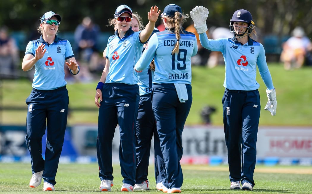 England celebrates the  wicket of Amelia Kerr of New Zealand during the 1st ODI Cricket match,