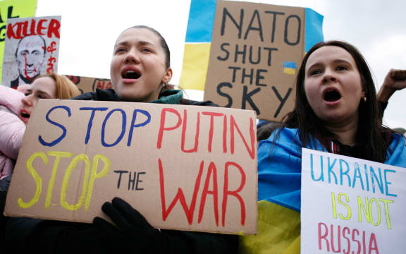 Pro-Ukraine activists protesting against the Russian invasion of the country demonstrate outside the Houses of Parliament in Parliament Square in London, England, on March 6, 2022.