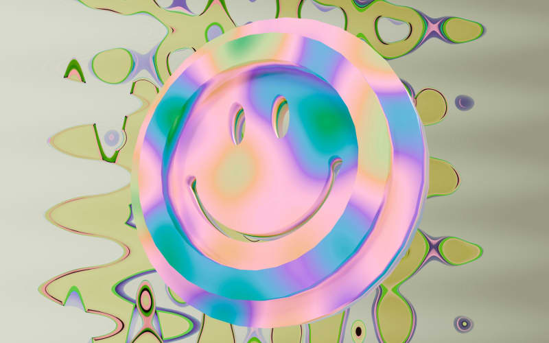 A colourful smiley face floats in a trippy colourful backgrtound.