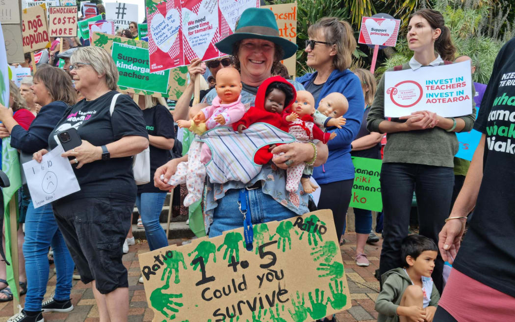 Teachers striking over pay and conditions hold a rally in Nelson, 16 March 2023.