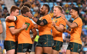 The Wallabies celebrate a try to wing Andrew Kellaway in the Rugby Championship test against Argentina on the Gold Coast. Saturday 2 October 2021.
