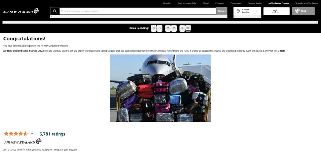 Both pages linked to an Air New Zealand branded website. Wellington Airport’s Phil Rennie says the site seems designed to extract personal details and information from unwitting participants.