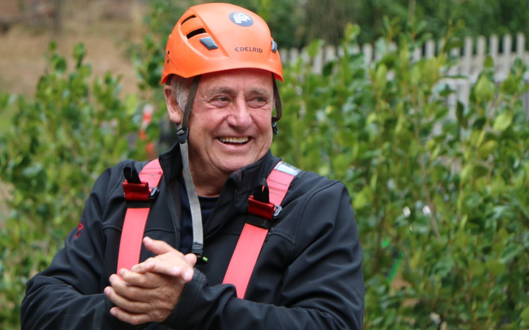 Mayor Phil Mauger gets kitted up to ride on one of Christchurch Adventure Park's ziplines.
