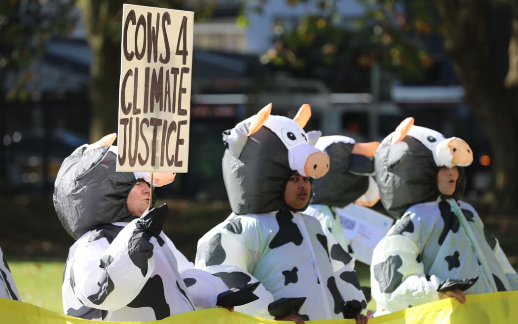 Climate advocates take part on a march in Auckland on 26 May, 2023, demanding New Zealand reduces its emissions, transition to regenerative agriculture, lower the voting age to 16 and respond to the climate crisis with tangata whenua at the center of decision making.